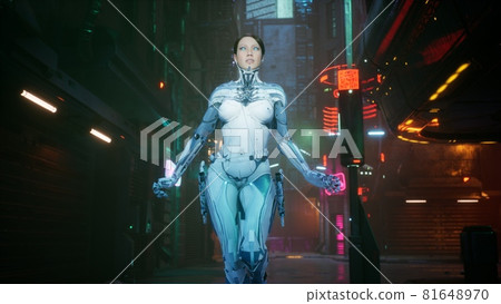 A cyber-girl walks lightly along the neon street of the city of the future. The woman was created using 3D computer graphics. 3D rendering. A cyber-girl walks lightly along the neon street of the city of the future. The woman was created using 3D computer graphics. 3D rendering. 81648970