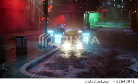 A rainy evening street of the cybernetic neon city of the future. Walk through the city of the future. 3D Rendering A rainy evening street of the cybernetic neon city of the future. Walk through the city of the future. 3D Rendering 81648971