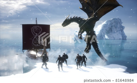 Fearless Vikings fight the dragon next to their drakkar. Viking warship in winter conditions. 3D Rendering 81648984