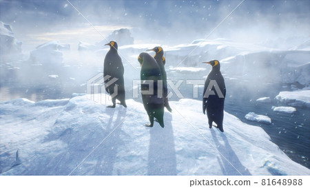 An emperor penguin stands in the middle of a snowstorm on a glacier and admires the sea. Huge high glaciers in winter natural conditions. 3D Rendering. 81648988