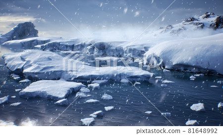 Huge high glaciers in winter natural conditions, the sea in ice, snow and blizzards. Arctic winter snowy landscape. 3D Rendering Huge high glaciers in winter natural conditions, the sea in ice, snow and blizzards. Arctic winter snowy landscape. 3D Rendering 81648992
