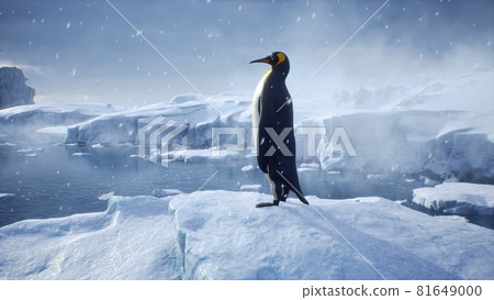 An emperor penguin stands in the middle of a snowstorm on a glacier and admires the sea. Huge high glaciers in winter natural conditions. 3D Rendering. An emperor penguin stands in the middle of a snowstorm on a glacier and admires the sea. Huge high glaciers in winter natural conditions. 3D Rendering. 81649000