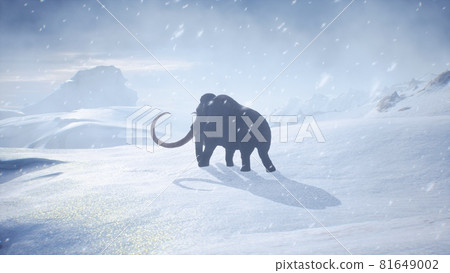 A huge mammoth is walking along a snow-covered glacier. Huge high glaciers in winter natural conditions. Arctic winter landscape. 3D Rendering. A huge mammoth is walking along a snow-covered glacier. Huge high glaciers in winter natural conditions. Arctic winter landscape. 3D Rendering. 81649002