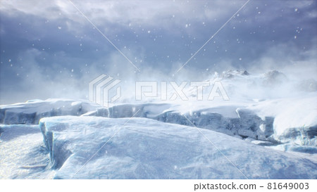 Huge high glaciers in winter natural conditions, the sea in ice, snow and blizzards. Arctic winter snowy landscape. 3D Rendering Huge high glaciers in winter natural conditions, the sea in ice, snow and blizzards. Arctic winter snowy landscape. 3D Rendering 81649003