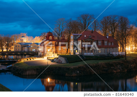 Kuressaare, Estonia. Old Wooden Mansion Ekesparre Boutique Hotel In Wooden Art Nouveau In Evening Blue Hour Night 81649340