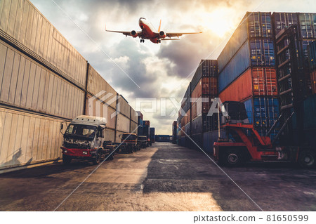 Cargo container for overseas shipping in shipyard with airplane in the sky . 81650599