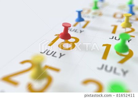 July 18 date and push pin on a calendar, 3D rendering 81652411