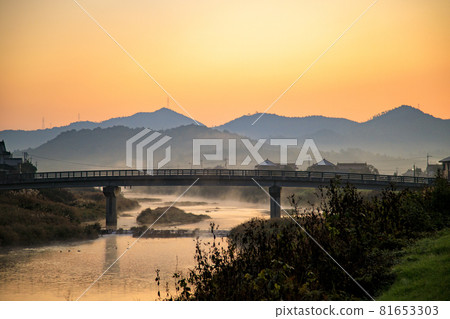 一群鸕鶿在秋日出的天空和流動的河霧中飛翔 81653303