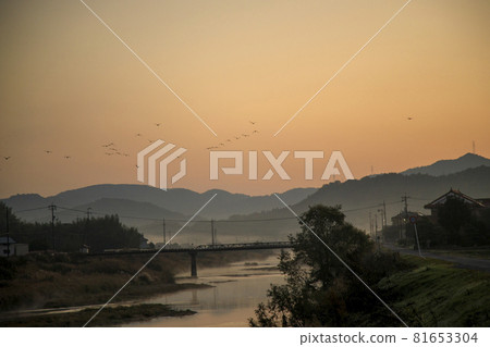 秋天的日出天空和流動的河霧 81653304