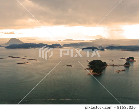 Aerial view of Shimabara Bay at dusk from above Matsushima Observatory in Amakusa 81653826