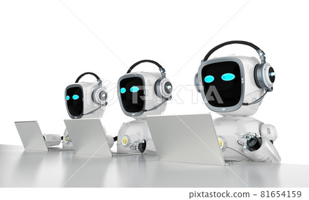 group of cyborgs or robot assistants work with computer notebook 81654159
