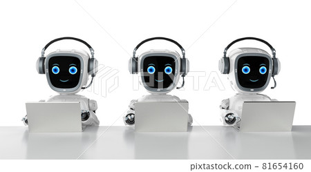 group of cyborgs or robot assistants work with computer notebook 81654160