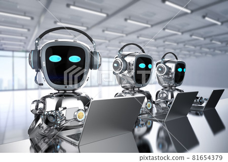group of cyborgs or robot assistants work with computer notebook group of cyborgs or robot assistants work with computer notebook 81654379