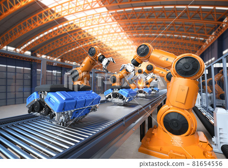 robot assembly line with car engine or machine 81654556