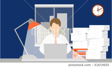 Busy businessman late night office overtime computer desk work 81654685