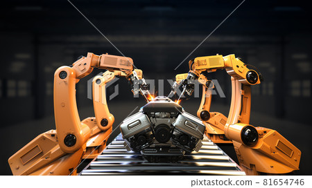 robot assembly line with car engine or machine 81654746