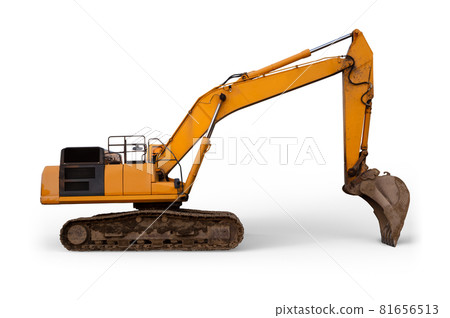 construction heavy tools yellow excavator hydraulic shovel earth digger on white background 81656513