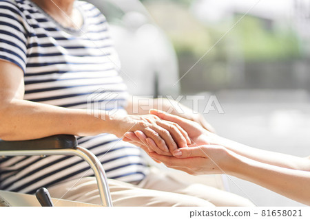 Hands of a caregiver and an elderly person in a wheelchair Hands of a caregiver and an elderly person in a wheelchair 81658021