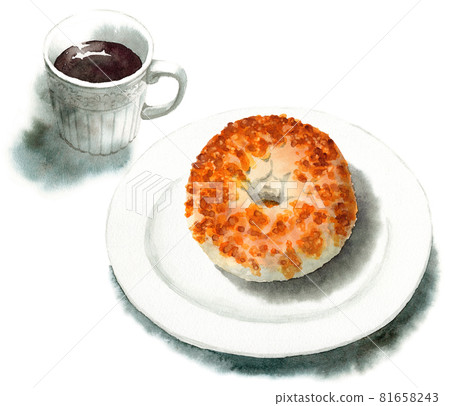 Analog watercolor cheese bagel and coffee set 81658243