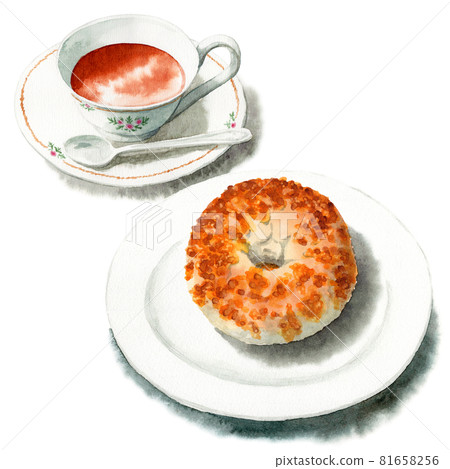 Analog watercolor cheese bagel and tea set 81658256
