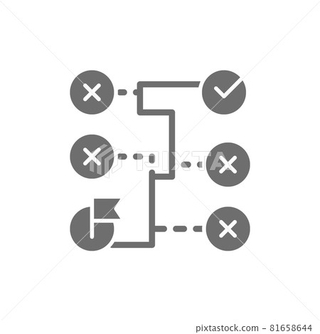 Correct solution, labyrinth, algorithm, coding block schemes grey icon. Correct solution, labyrinth, algorithm, coding block schemes grey icon. 81658644
