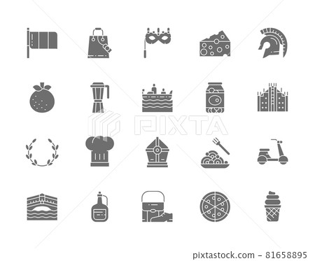 Set of Italian Culture Grey Icons. Mandarin, Gondola, Traditional Venetian Mask, Canned Olives, Olive Branch, Pasta, Pizza and more. 81658895