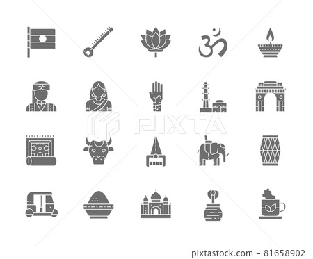 Set of Indian Culture Grey Icons. Elephant, Tuk Tuk Car, Cobra, Sitar, Mantra, Oil Lamp, Animal and more. 81658902