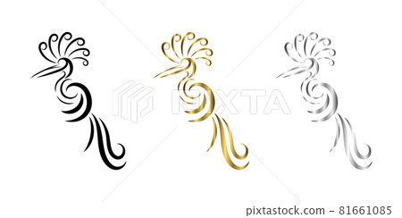 three color black gold silver Line art vector logo of abstract bird that is hanging on a branch.	 81661085