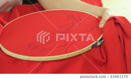 Embroider sewing by woman hand. Craft work and female hands. Handicraft work by thread needle sew knit. Wood frame embroidery hoop. Needlework handicraft crafting quarantine leisure concept. Embroider sewing by woman hand. Craft work and female hands. Handicraft work by thread needle sew knit. Wood frame embroidery hoop. Needlework handicraft crafting quarantine leisure concept. 81661370