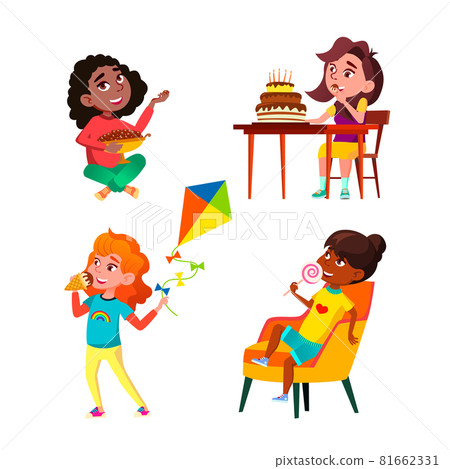School Girls Eating Delicious Sweets Set Vector School Girls Eating Delicious Sweets Set Vector 81662331