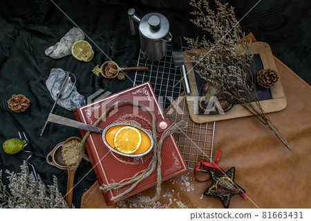 Orange cheese cake on beautiful background. One piece. Orange cheese cake on beautiful background. One piece. 81663431