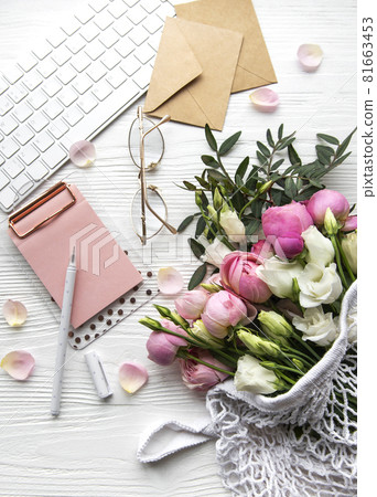 Feminine workplace concept, top view. Work from home Feminine workplace concept, top view. Work from home 81663453