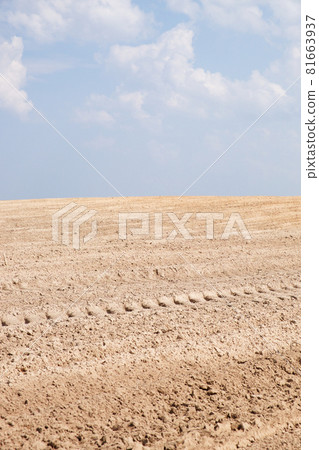 Beautiful sky over a plowed agricultural field. Agro-industrial landscape. A plowed farm field. Cultivated soil during the day. Beautiful sky over a plowed agricultural field. Agro-industrial landscape. A plowed farm field. Cultivated soil during the day. 81663937
