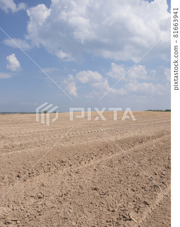 Beautiful sky over a plowed agricultural field. Agro-industrial landscape. A plowed farm field. Cultivated soil during the day. Beautiful sky over a plowed agricultural field. Agro-industrial landscape. A plowed farm field. Cultivated soil during the day. 81663941