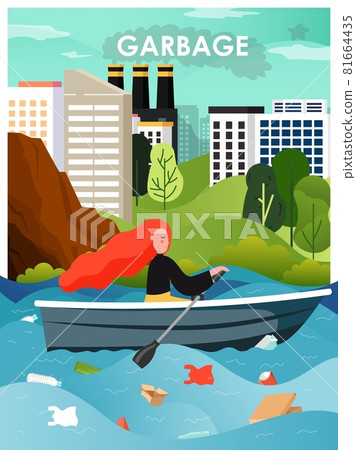 City polluted with industrial factory smoke. Woman boating on river full of garbage, flat vector illustration. Ecology 81664435