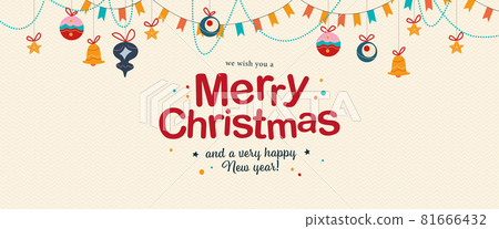Merry Christmas and Happy New year congratulation card with text greeting, xmas fir tree toys, garlands and bells decoration hang isolated. 81666432
