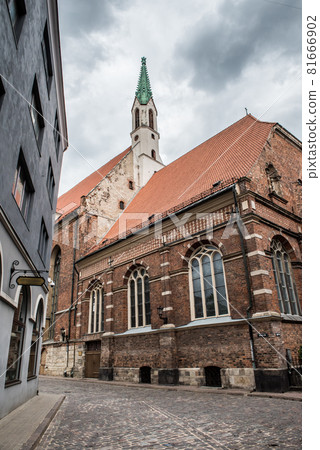 Riga old town s street view near Lutheran St. John s Church, Latvia 81666902