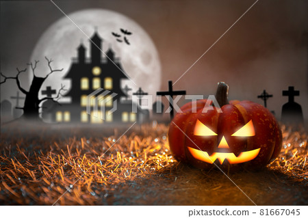 Spooky Halloween Pumpkin in graveyard at moonlight with dead tree and bats. Halloween Party and Celebration Concept. 81667045