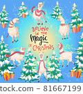 Happy alpacas, Christmas trees, gifts around, Christmas celebration. Bright postcard congratulation post design, vector drawing 81667199
