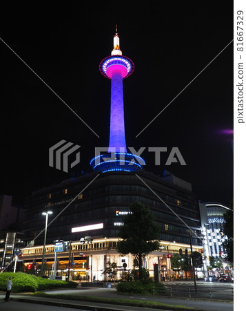 Kyoto Tower lit up in deep purple 81667329