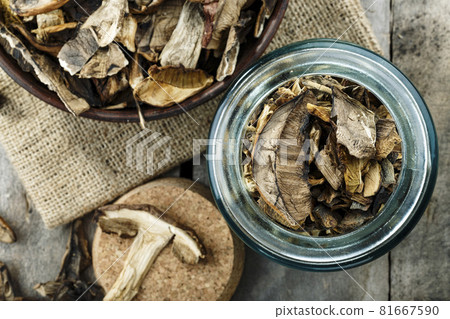 Dried porcini mushrooms in a storage jar. Dried porcini mushrooms in a storage jar. 81667590