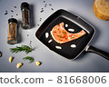 Raw pork steak on cast iron skillet 81668006