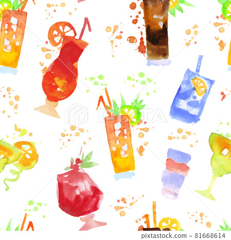 Watercolor Cocktail in Glass with Straw as Summer Refreshing Beverage Vector Seamless Pattern 81668614