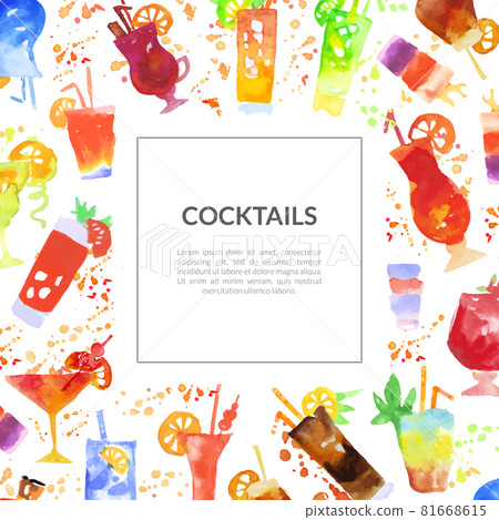 Watercolor Cocktail in Glass with Straw as Summer Refreshing Beverage Cover Vector Template 81668615