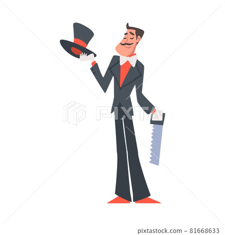 Man Illusionist as Circus Artist Character with Saw Performing on Stage or Arena Vector Illustration 81668633