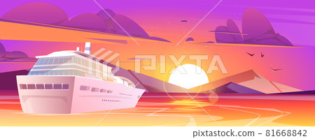 Cruise ship in sea with mountains at sunset Cruise ship in sea with mountains at sunset 81668842