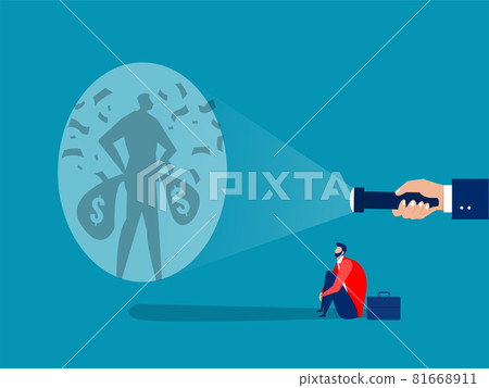 businessman looking guideline at targets for shooting his shadow rich under money rain success concept vector. businessman looking guideline at targets for shooting his shadow rich under money rain success concept vector. 81668911