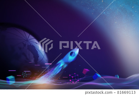 Futuristic Currency Conceptual Photo. Technology of Blockchain and Crypyocurrency. Rocket Take-off and Released from Earth to Space. Mission to Moon. Startup Company Futuristic Currency Conceptual Photo. Technology of Blockchain and Crypyocurrency. Rocket Take-off and Released from Earth to Space. Mission to Moon. Startup Company 81669113