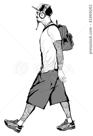 Tattooed hipster boy with cap and headphone walking listening music 81669262