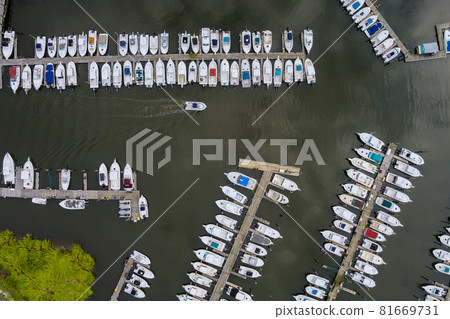 Amazing panoramic view little harbour for many boat floating near the ocean in USA Amazing panoramic view little harbour for many boat floating near the ocean in USA 81669731